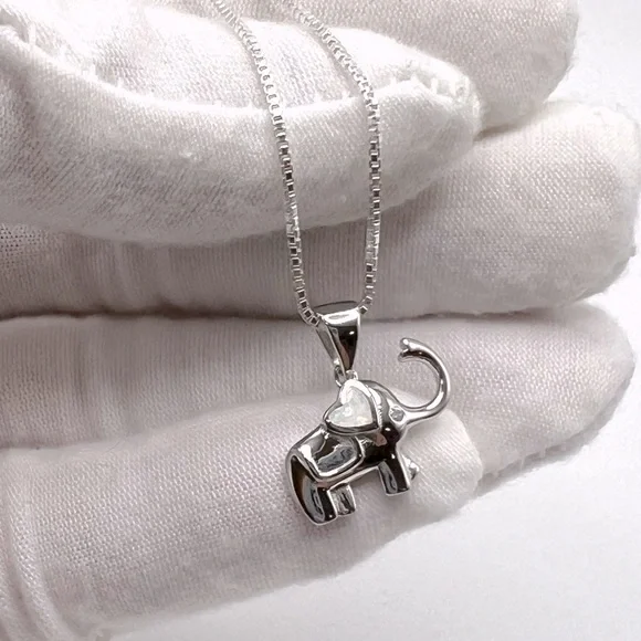 .925 Sterling Silver Elephant Necklace with Lab Opal Heart Ear